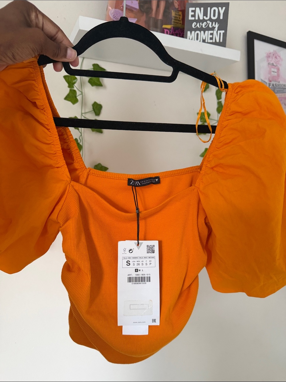 Zara Orange Puff-Sleeve Ribbed Square-Neck Top